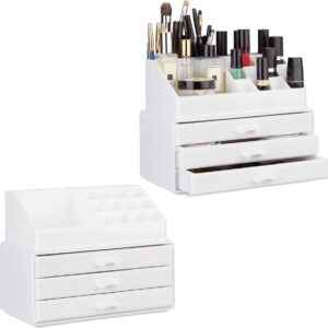 Relaxdays 2x make-up organizer - stapelbaar - sieradendoos - cosmetica opbergbox - wit