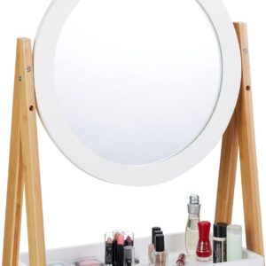 Relaxdays make up spiegel - draaibaar - cosmeticaspiegel - bamboe - opbergvak