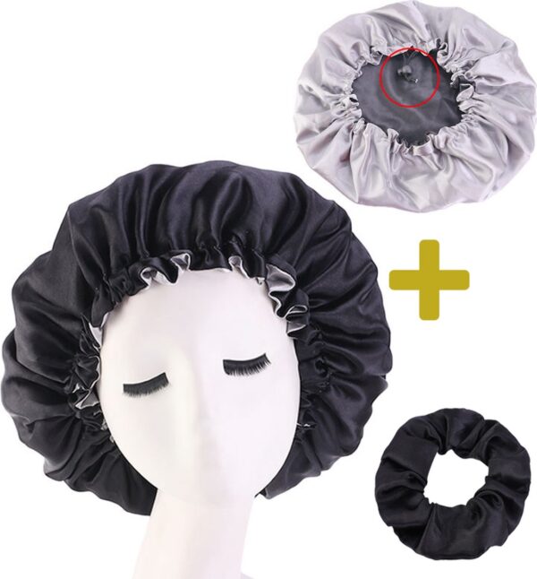 Satijnen Bonnet + Scrunchie - Satijnen Slaapmuts - Bonnet voor Krullen - Haar Bonnet - Hair Bonnet - Satin Bonnet - Afro - Unisex - Zwart -Black