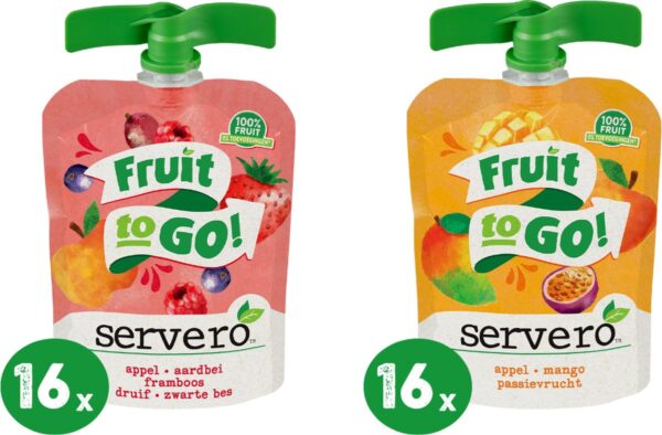 Servero Fruit to Go Maandbox - Knijpfruit - 32 stuks x 90 gram - Aardbei-Framboos, Mango-Passievrucht
