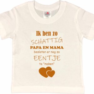 Shirt Aankondiging zwangerschap Ik ben zo schattig papa en mama besloten er nog zo eentje te "maken" | korte mouw | Wit/tan | maat 110/116 zwangerschap aankondiging bekendmaking