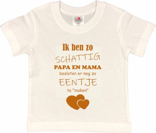 Shirt Aankondiging zwangerschap Ik ben zo schattig papa en mama besloten er nog zo eentje te "maken" | korte mouw | Wit/tan | maat 134/140 zwangerschap aankondiging bekendmaking