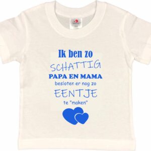 Shirt Aankondiging zwangerschap Ik ben zo schattig papa en mama besloten er nog zo eentje te "maken" | korte mouw | wit/blauw | maat 134/140 zwangerschap aankondiging bekendmaking