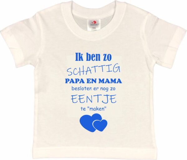 Shirt Aankondiging zwangerschap Ik ben zo schattig papa en mama besloten er nog zo eentje te "maken" | korte mouw | wit/blauw | maat 134/140 zwangerschap aankondiging bekendmaking