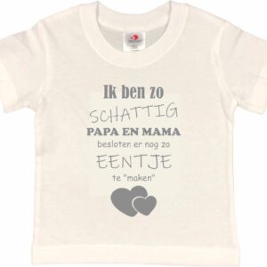 Shirt Aankondiging zwangerschap Ik ben zo schattig papa en mama besloten er nog zo eentje te "maken" | korte mouw | wit/grijs | maat 122/128 zwangerschap aankondiging bekendmaking
