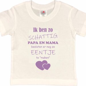 Shirt Aankondiging zwangerschap Ik ben zo schattig papa en mama besloten er nog zo eentje te "maken" | korte mouw | wit/lila | maat 122/128 zwangerschap aankondiging bekendmaking