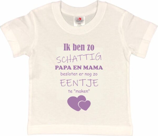 Shirt Aankondiging zwangerschap Ik ben zo schattig papa en mama besloten er nog zo eentje te "maken" | korte mouw | wit/lila | maat 98/104 zwangerschap aankondiging bekendmaking