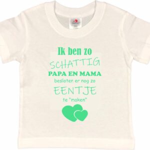 Shirt Aankondiging zwangerschap Ik ben zo schattig papa en mama besloten er nog zo eentje te "maken" | korte mouw | wit/mint | maat 110/116 zwangerschap aankondiging bekendmaking