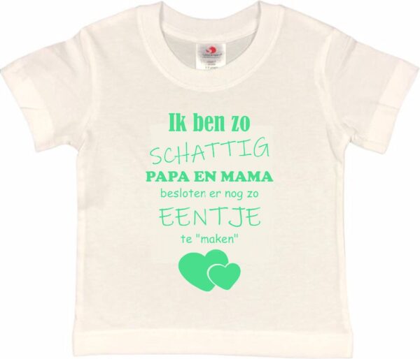 Shirt Aankondiging zwangerschap Ik ben zo schattig papa en mama besloten er nog zo eentje te "maken" | korte mouw | wit/mint | maat 122/128 zwangerschap aankondiging bekendmaking