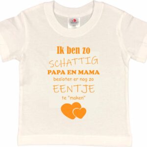 Shirt Aankondiging zwangerschap Ik ben zo schattig papa en mama besloten er nog zo eentje te "maken" | korte mouw | wit/mosterd | maat 110/116 zwangerschap aankondiging bekendmaking