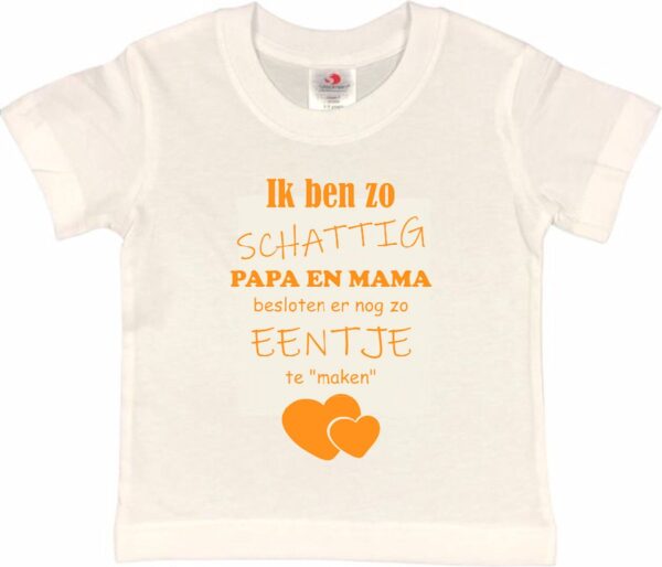 Shirt Aankondiging zwangerschap Ik ben zo schattig papa en mama besloten er nog zo eentje te "maken" | korte mouw | wit/mosterd | maat 122/128 zwangerschap aankondiging bekendmaking