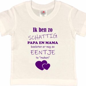 Shirt Aankondiging zwangerschap Ik ben zo schattig papa en mama besloten er nog zo eentje te "maken" | korte mouw | wit/paars | maat 122/128 zwangerschap aankondiging bekendmaking