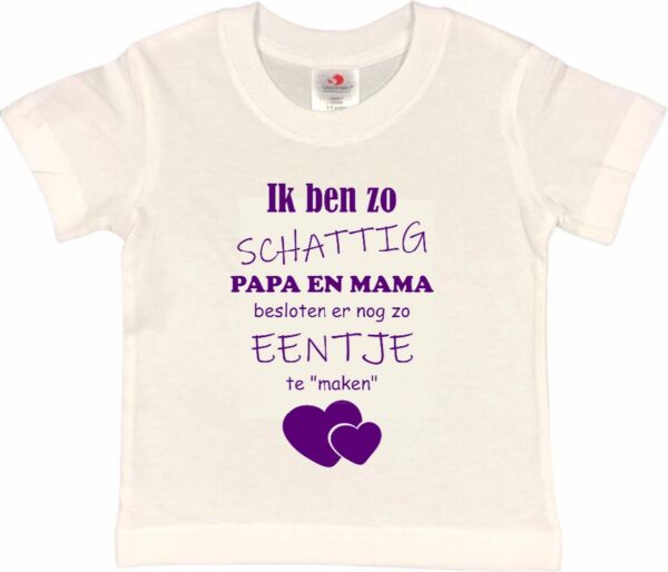Shirt Aankondiging zwangerschap Ik ben zo schattig papa en mama besloten er nog zo eentje te "maken" | korte mouw | wit/paars | maat 122/128 zwangerschap aankondiging bekendmaking