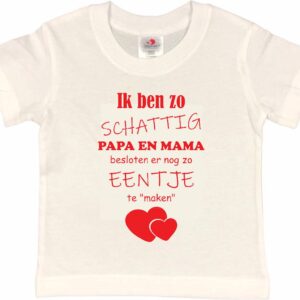 Shirt Aankondiging zwangerschap Ik ben zo schattig papa en mama besloten er nog zo eentje te "maken" | korte mouw | wit/rood | maat 110/116 zwangerschap aankondiging bekendmaking