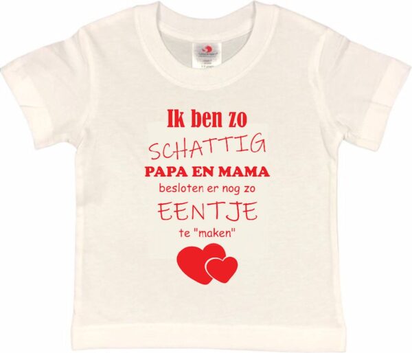 Shirt Aankondiging zwangerschap Ik ben zo schattig papa en mama besloten er nog zo eentje te "maken" | korte mouw | wit/rood | maat 134/140 zwangerschap aankondiging bekendmaking