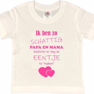 Shirt Aankondiging zwangerschap Ik ben zo schattig papa en mama besloten er nog zo eentje te "maken" | korte mouw | wit/roze | maat 110/116 zwangerschap aankondiging bekendmaking
