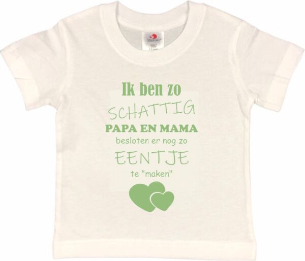 Shirt Aankondiging zwangerschap Ik ben zo schattig papa en mama besloten er nog zo eentje te "maken" | korte mouw | wit/sage green (saliegroen) | maat 122/128 zwangerschap aankondiging bekendmaking