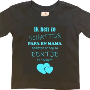 Shirt Aankondiging zwangerschap Ik ben zo schattig papa en mama besloten er nog zo eentje te "maken" | korte mouw | zwart/aquablauw | maat 110/116 zwangerschap aankondiging bekendmaking