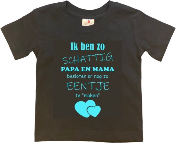 Shirt Aankondiging zwangerschap Ik ben zo schattig papa en mama besloten er nog zo eentje te "maken" | korte mouw | zwart/aquablauw | maat 134/140 zwangerschap aankondiging bekendmaking
