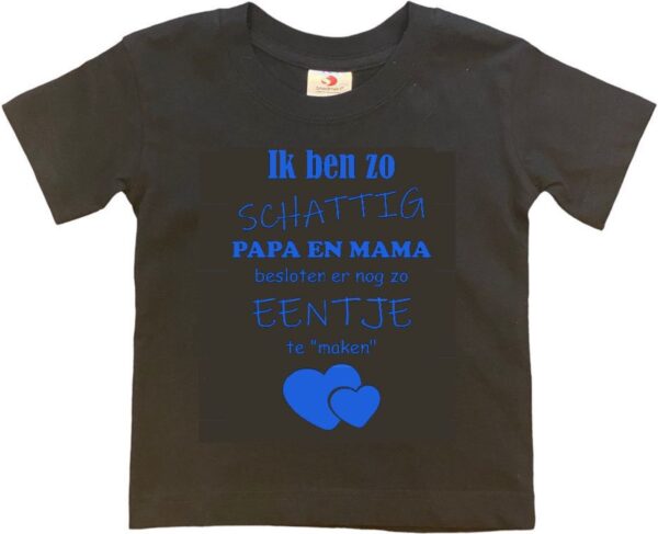 Shirt Aankondiging zwangerschap Ik ben zo schattig papa en mama besloten er nog zo eentje te "maken" | korte mouw | zwart/blauw | maat 122/128 zwangerschap aankondiging bekendmaking