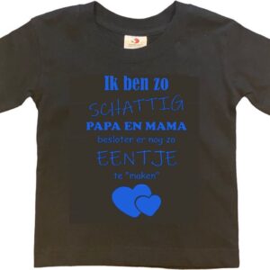 Shirt Aankondiging zwangerschap Ik ben zo schattig papa en mama besloten er nog zo eentje te "maken" | korte mouw | zwart/blauw | maat 98/104 zwangerschap aankondiging bekendmaking