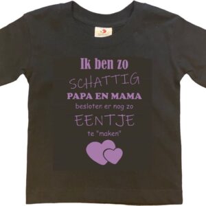 Shirt Aankondiging zwangerschap Ik ben zo schattig papa en mama besloten er nog zo eentje te "maken" | korte mouw | zwart/lila | maat 110/116 zwangerschap aankondiging bekendmaking