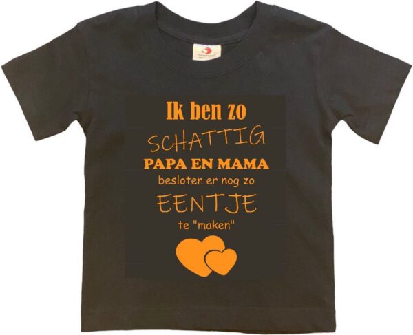 Shirt Aankondiging zwangerschap Ik ben zo schattig papa en mama besloten er nog zo eentje te "maken" | korte mouw | zwart/mosterd | maat 122/128 zwangerschap aankondiging bekendmaking