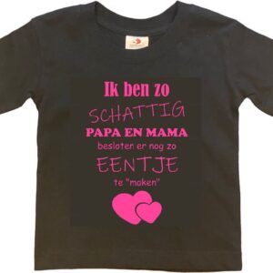 Shirt Aankondiging zwangerschap Ik ben zo schattig papa en mama besloten er nog zo eentje te "maken" | korte mouw | zwart/roze | maat 110/116 zwangerschap aankondiging bekendmaking