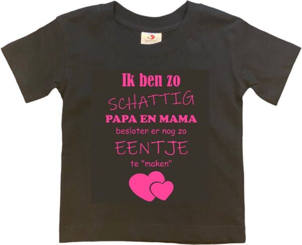 Shirt Aankondiging zwangerschap Ik ben zo schattig papa en mama besloten er nog zo eentje te "maken" | korte mouw | zwart/roze | maat 98/104 zwangerschap aankondiging bekendmaking