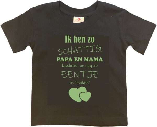 Shirt Aankondiging zwangerschap Ik ben zo schattig papa en mama besloten er nog zo eentje te "maken" | korte mouw | zwart/sage green (saliegroen) | maat 134/140 zwangerschap aankondiging bekendmaking