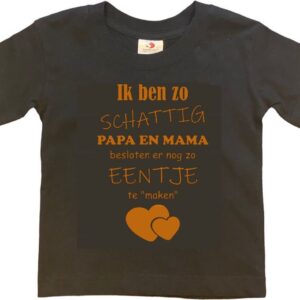 Shirt Aankondiging zwangerschap Ik ben zo schattig papa en mama besloten er nog zo eentje te "maken" | korte mouw | zwart/tan | maat 122/128 zwangerschap aankondiging bekendmaking
