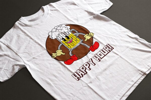 Shirt - Happy hour - Wurban Wear | Grappig shirt | Bier | Unisex tshirt | Drankspel | Klok | Wit & Zwart