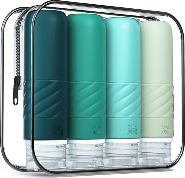 Siliconen reisflessenset, 90 ml, 4 stuks reisflessen om te vullen, lekvrij, cosmeticaflessen om te vullen op reis, container, BPA-vrij, FDA-goedgekeurd, voor het vullen van douchegellotion