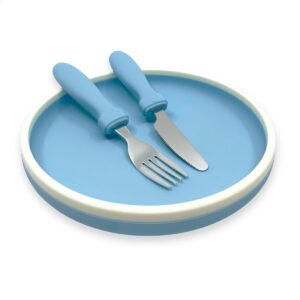 Smikkels - Siliconen bordje met mes en vork - Veilig Kinderservies - kinderbordje - kinderbestek - Duurzaam - Kleuter - Peuter - Groen