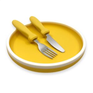 Smikkels - Siliconen bordje met mes en vork - Veilig Kinderservies - kinderbordje - kinderbestek - Duurzaam - Kleuter - Peuter - Roze