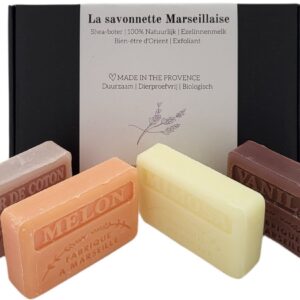 Soap bar set - zeep savon de marseille Meloen, Fleur de coton, Vanille, Mimosa 4x125 gr.