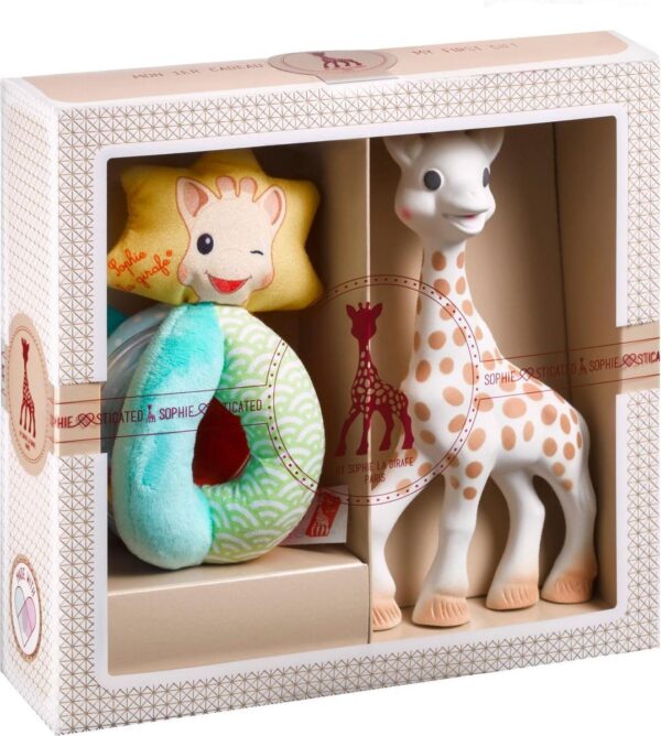 Sophie de giraf Sophiesticated Cadeauset - Baby speelgoed - Sophie de giraf & Zachte rammelaar met balletjes - Kraamcadeau - Babyshower cadeau - 4-Delig