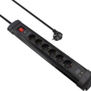 Stekkerdoos - 6 voudig - 2x USB - Aan/uit schakelaar - 2 meter - Zwart - Allteq