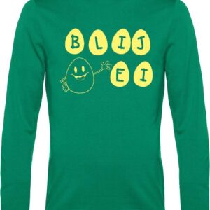 Sweater met opdruk "Blij Ei", Groene sweater met gele opdruk - Prima pasvorm en fijne kwaliteit.