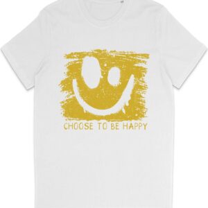 T Shirt Heren en Dames (Unisex) Be Happy Smiley Gele Grunge Print Opdruk - Wit - Maat S