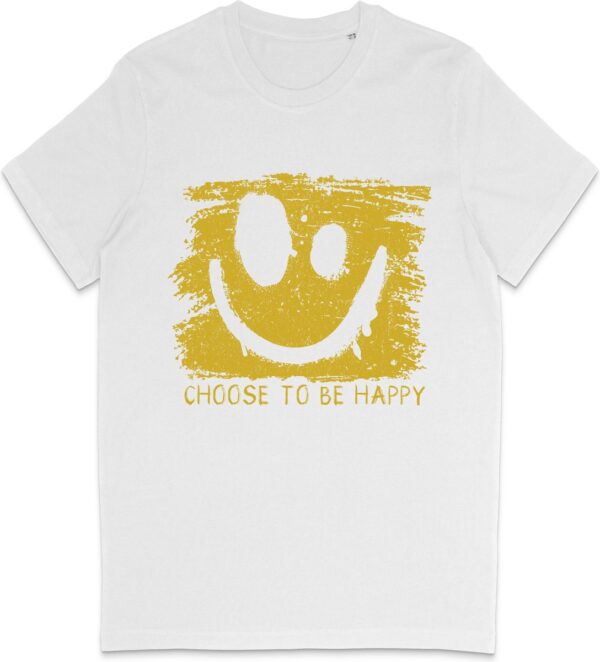 T Shirt Heren en Dames (Unisex) Be Happy Smiley Gele Grunge Print Opdruk - Wit - Maat S