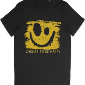 T Shirt Heren en Dames (Unisex) Be Happy Smiley Gele Grunge Print Opdruk - Zwart - Maat L