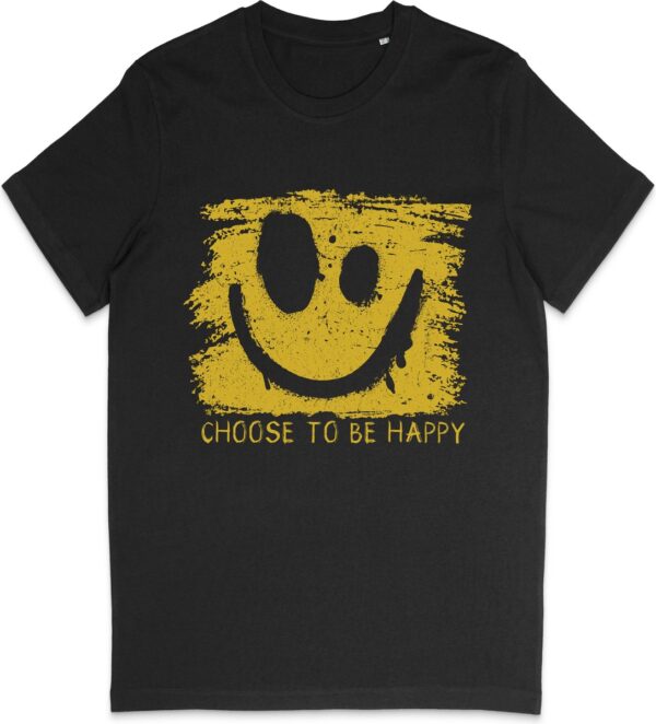 T Shirt Heren en Dames (Unisex) Be Happy Smiley Gele Grunge Print Opdruk - Zwart - Maat L