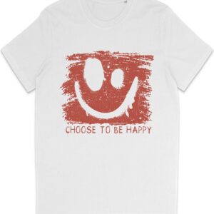 T Shirt Heren en Dames (Unisex) Be Happy Smiley Rode Grunge Print Opdruk - Wit - Maat 3XL