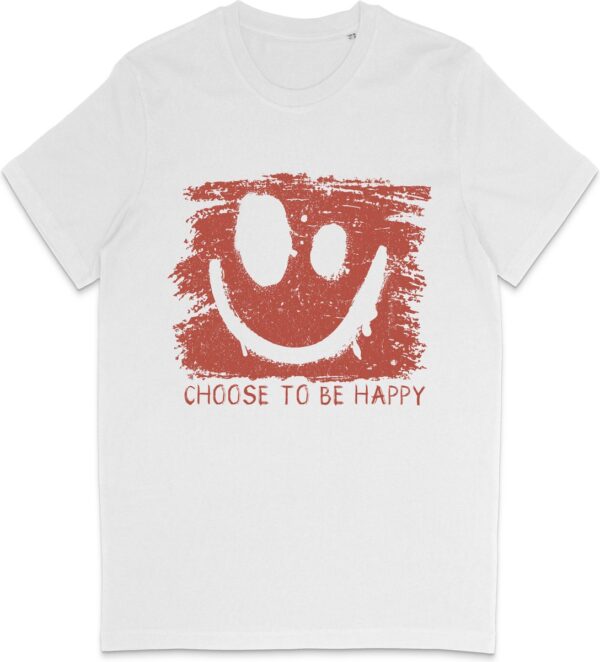 T Shirt Heren en Dames (Unisex) Be Happy Smiley Rode Grunge Print Opdruk - Wit - Maat L