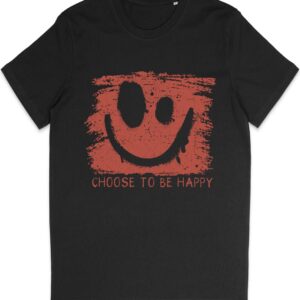 T Shirt Heren en Dames (Unisex) Be Happy Smiley Rode Grunge Print Opdruk - Zwart - Maat L