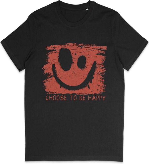 T Shirt Heren en Dames (Unisex) Be Happy Smiley Rode Grunge Print Opdruk - Zwart - Maat XL