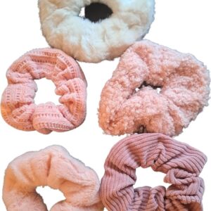 TWOA-Scrunchies-Set van 5 verschillende texturen scrunchies- 4 roze scrunchies en 1 witte scrunchie