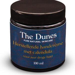 The Dunes pure natural skincare BIO handcrème die snel en volledig door de huid opgenomen wordt, voelt absoluut niet vettig aan, herstelt de handen snel, met verse goudsbloemen gemacereerd in koudgeperste amandelolie + geranium, hô-hout en palmarosa