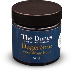 The Dunes pure natural skincare dagcrème voor droge huid met zuivere etherische oliën van Roosgeranium, Hô-hout en Ylang-Ylang met biologische muskaatroosolie als verzorging voor de rijpere, vermoeide huid en om vroegtijdige veroudering te voorkomen